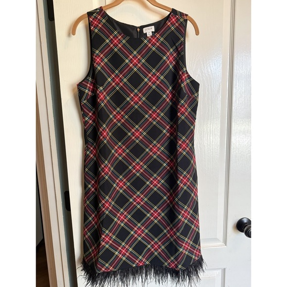 J.CREW Dresses & Skirts - J Crew Sheath Dress Tartan Plaid Feather Trim Holiday Black Red Green Sz 10